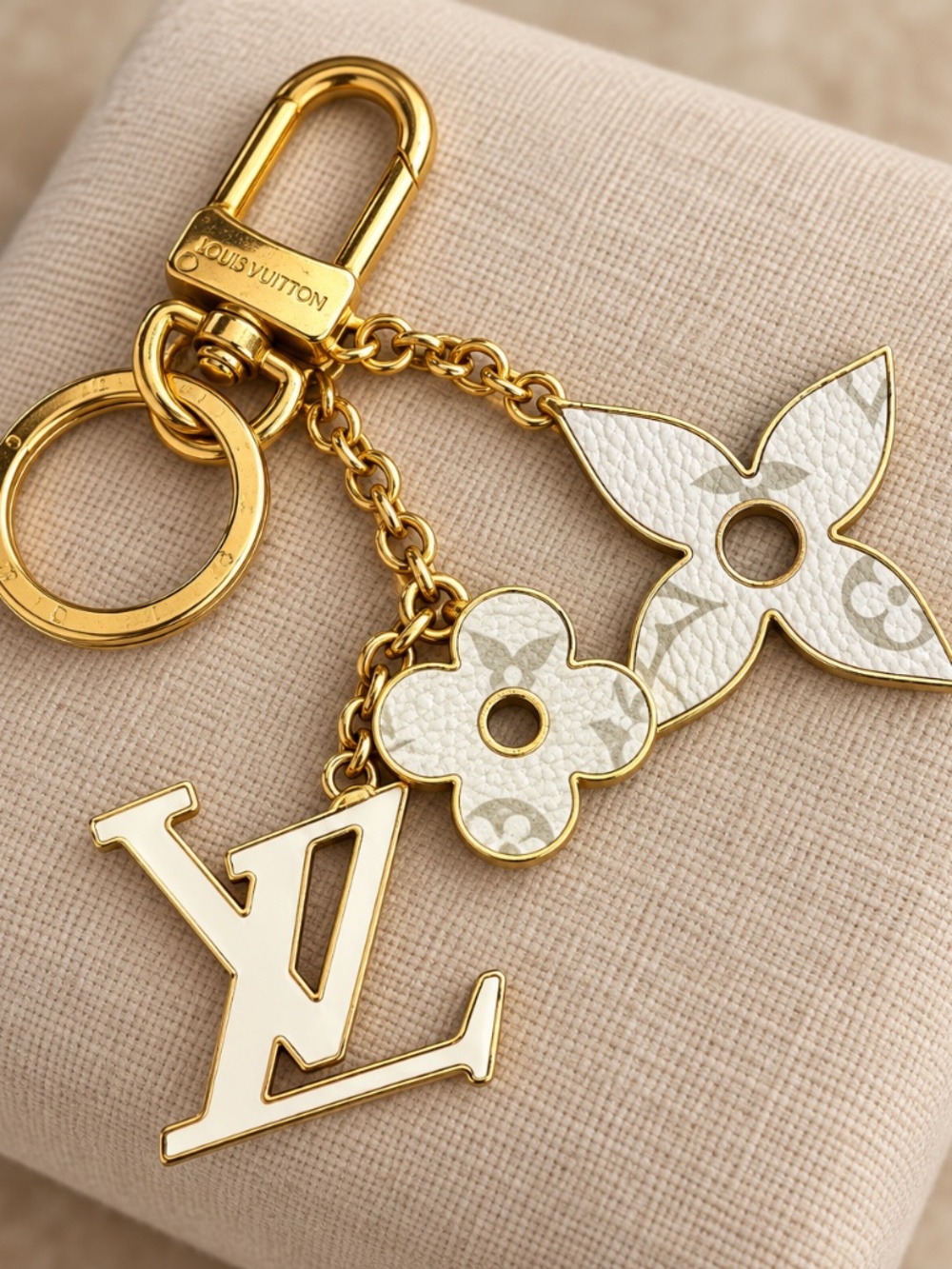 Ivory & Gold-Tone Floral Bag Charm / Keychain
